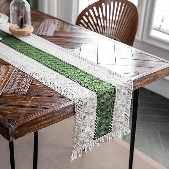 Macrame Table Runner Beige and Green Boho Runners with Tassels 12x95in | Alynsehom Hand Woven Cotton Table Runner Rustic Farmhouse Table Runners for Bohemian Kitchen Dining Table