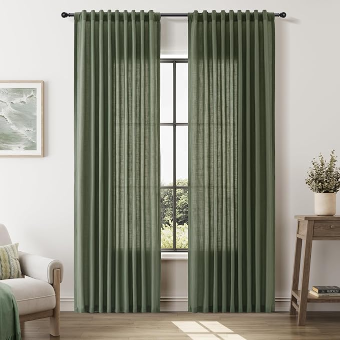 Linen Curtains 84 Inches Long for Living Room Semi Sheer Light Filtering Curtain Back Tab Rod Pocket Neutral Boho Modern Farmhouse Decor Window Drapes for Bedroom 52x84 2 Panels Olive Green