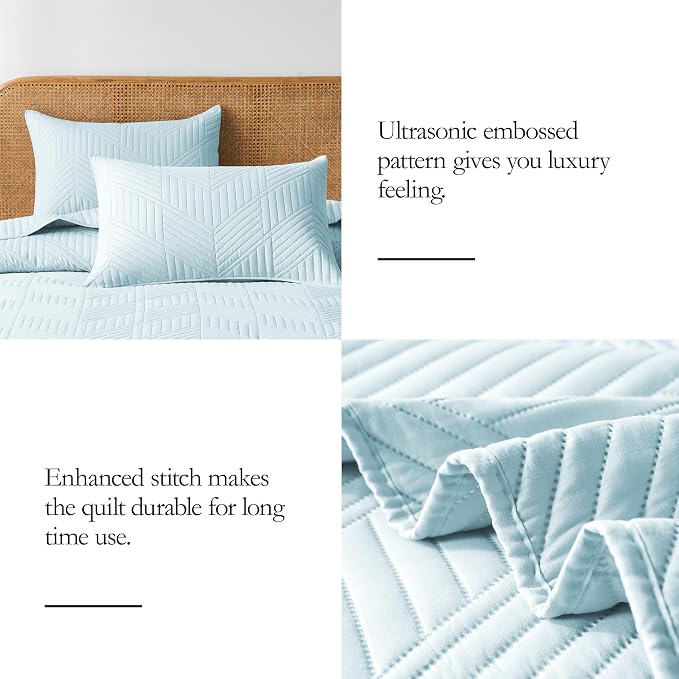 Davulos King Quilt Bedding Set,Aqua Blue Ultrasonic King/Cal King Quilt Set Reversible Microfiber Bedspread,Lightweight Soft Modern Geometric Coverlet Set for All Seasons(1 Quilt,2 Pillow Shams)