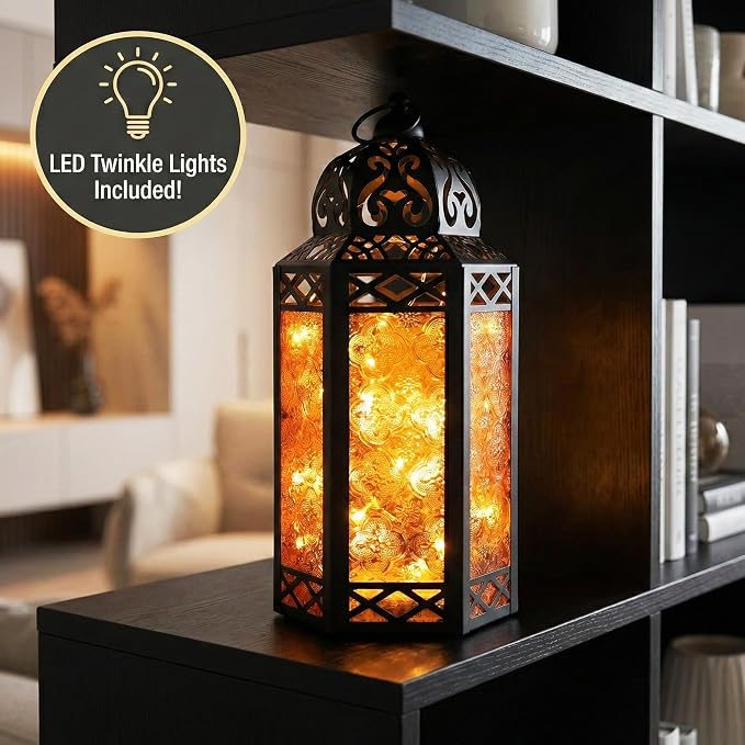 Vela Lanterns Decorative Indoor Fairy Light Halloween Holder, Amber, L | Orange Fall Decorations, Fantasy Moroccan Candle Lamp, Turkish Metal Hanging, Diwali & Eid, Porch Patio, 12" Tall