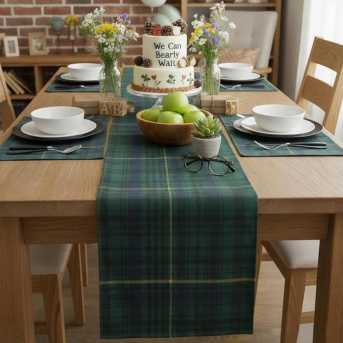 Gilprop 6 Pcs 72 x 13'' Tartan Plaid Table Runner Green and Blue | Vintage Bear Babyshower Birthday Party Dining Decor, Checkered Cloth for Home Kitchen Farmhouse, Reusable Fabric Sets