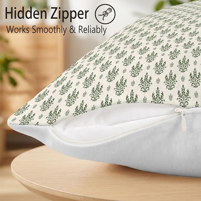 Hexagram Floral Pillow Covers 18x18, Vintage Green Throw Pillow Covers | Olive Green, Set of 2, Farmhouse Neutral Decorative for Couch Pillows, Home Decor, Living Room, Bedroom, No Insert