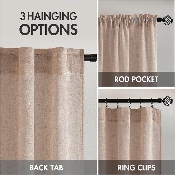 MIULEE Natural Beige Linen Curtains 52x54 Inch Long for Bedroom Living Room | 2 Panels, Soft Linen Textured Window Drapes, Semi Sheer Light Filtering, Back Tab Rod Pocket, Farmhouse Burlap Look Decor
