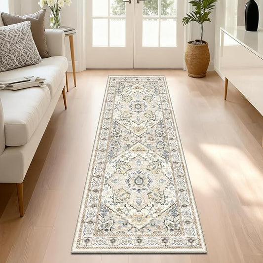 AooHHooA Boho Washable 2x6 Runner Rugs Beige Non Slip Low Pile Vintage Runner Rug, Stain Resistant Soft Faux Wool Runners for Hallway Kitchen Laundry Entryway Bedroom