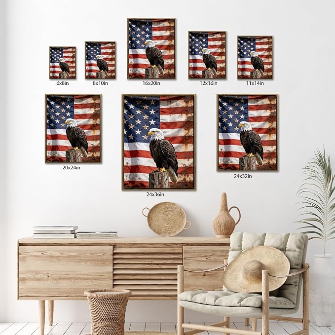 American Flag Framed Canvas Wall Art, 4th of July Patriotic Canvas Prints | USA Flag with Bald Eagle Poster Print, Vintage Independence Day Wall Decor for Bedroom Living Room 16×20in