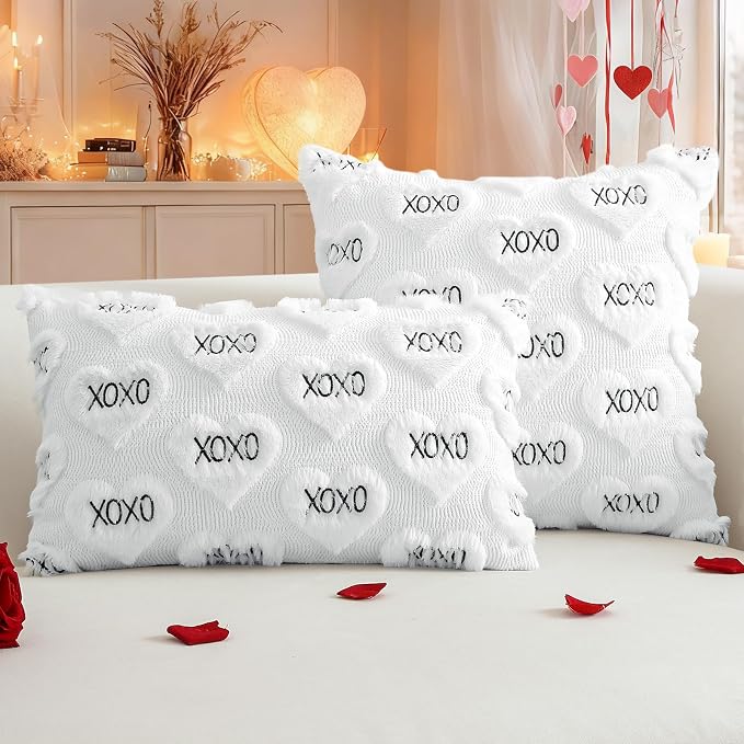 Artscope Valentines Pillow Covers 20x20 Set of 2 Decorative Love Heart XOXO Valentine's Day Throw Pillow Cases Soft Plush Faux Fur Couch Cushion Case for Holiday Sofa Bed Room Home Decor-White XOXO
