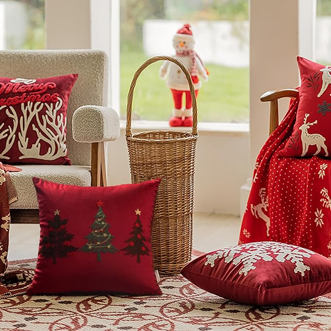 Christmas Tree Pillow Covers 18x18 Inch Red Embroidered Tree Throw Pillows for Holiday Decorations - Cushions for Couch, Sofa, Bed, Living Room, Bedroom
