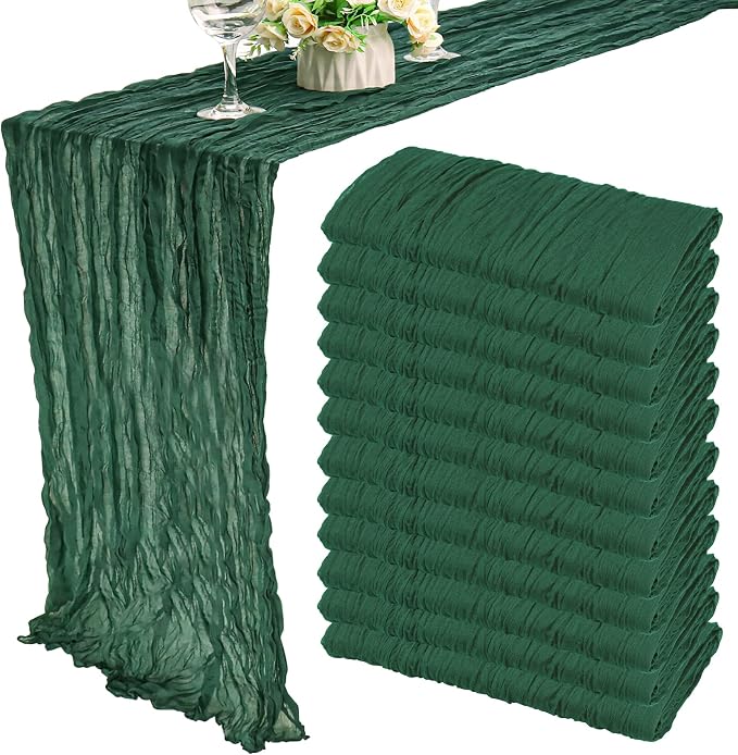 12 Pack Boho Gauze Table Runner 35x72 Inch - Rustic Cheese Cloth Long Table Runner for Wedding, Bridal Shower & Birthday Party Decor (Dark Green)