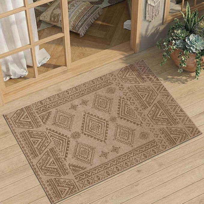 jinchan 2x3 Faux Jute Area Rug Washable Boho Entryway Rug, Natural Taupe | Southwestern Geometric, Non-Slip, Low Pile, Indoor Outdoor, High-Traffic, Kitchen, Bathroom, Laundry Room, Porch, Balcony