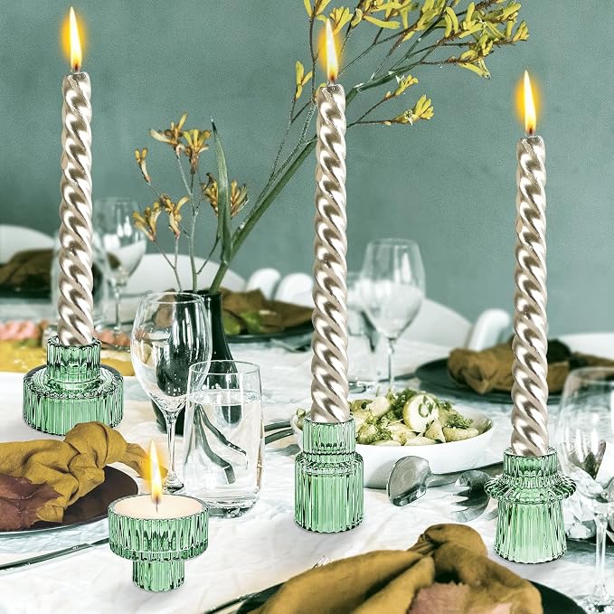 Glass Candlestick Holders - Set of 9 Green Tealight Candle Holder,3 Style Taper Candle for All Formal Events,Table Centerpieces,Wedding, Dinning,Church, Party & Festival Decoration