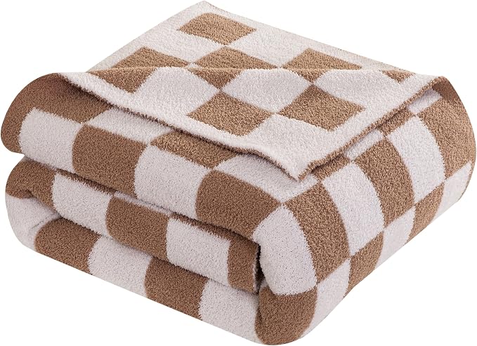 Elegant Comfort Premium Checkered Reversible Throw Blanket - Ultra Soft and Lightweight, Luxury Knitted Breathable Fleece for Couch, Bed, Sofa - Warm Velvet Fluffy Throw, 50 x 70 Inch, Taupe