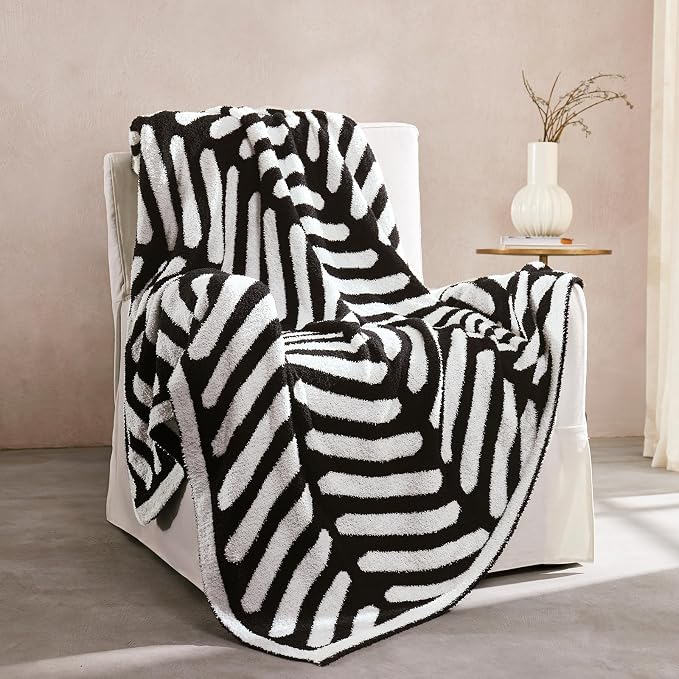 Soft Striped Throw Blanket for Couch, Cozy Warm Knitted Blankets | Lightweight Fuzzy Travel Warm Decor for Women, Mom, Girls, Sofa, Chair, 50x60in, Black White