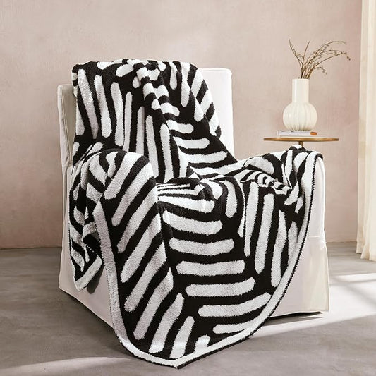 Soft Striped Throw Blanket for Couch, Cozy Warm Knitted Blankets | Lightweight Fuzzy Travel Warm Decor for Women, Mom, Girls, Sofa, Chair, 50x60in, Black White