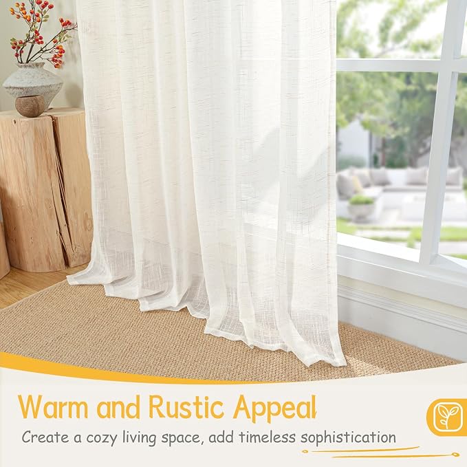 YoungsTex Small Linen Curtains 24 Inch Length for Cafe Kitchen Window | Half White Drapes Semi Sheer with Rod Pocket Back Tab for Bathroom Window Over Sink, 2 Panels, 29 X 24 Inch