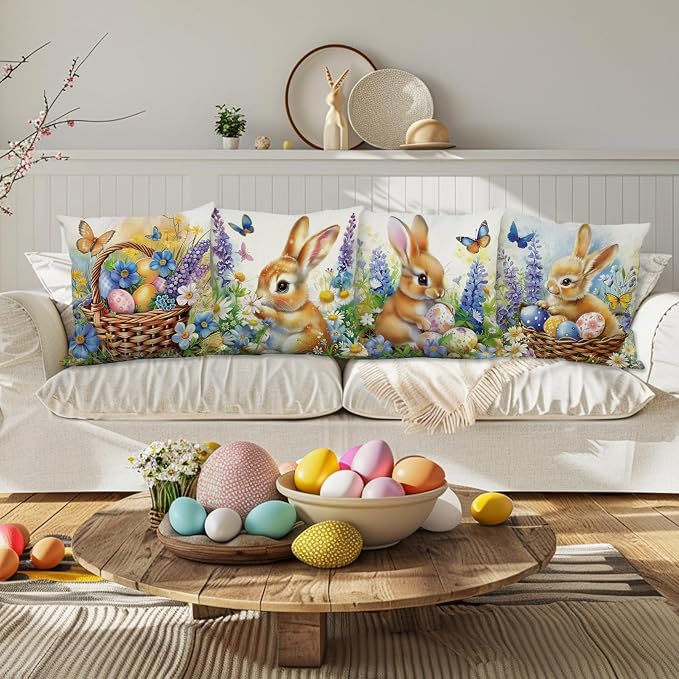 Easter Pillow Covers 18x18 Inch Set of 4 Bunny Eggs Throw Pillow Covers Easter Floral Butterfly Decorative Pillowcase Cushion Case for Home Sofa Living Room Farmhouse Decorations