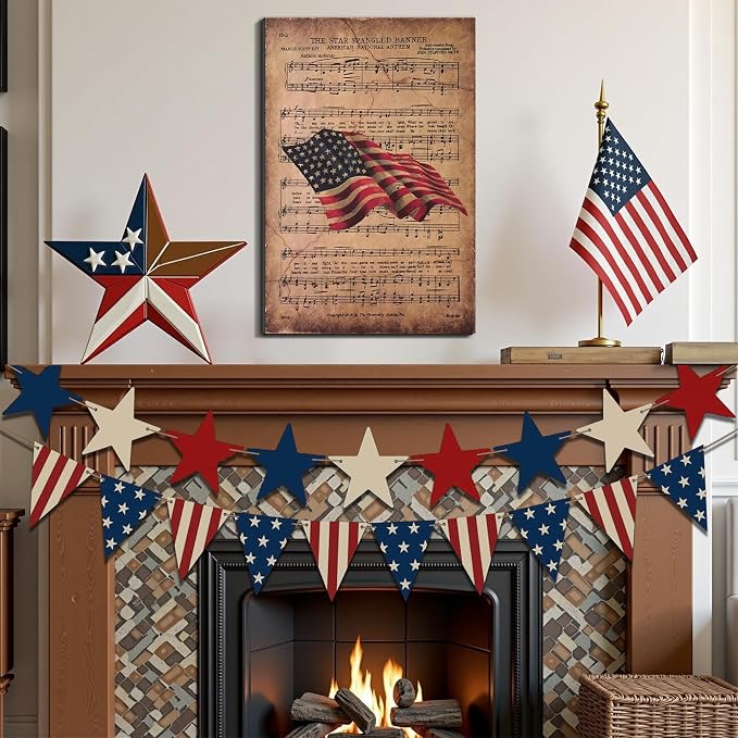 Framed 4th of July American Flag Wall Art, Patriotic Canvas Art Pictures, USA Independence Day Wall Decor, Made in USA Ready to Hang for Living Room Kitchen Entryway