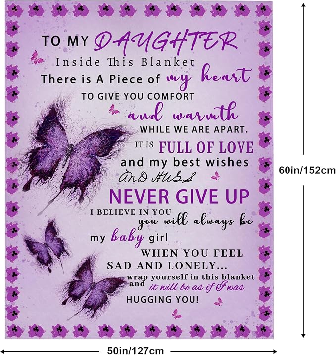 Daughter Gifts from Mom Dad - to My Daughter Blanket, Daughters Birthday Gift, Christmas丨Mothers Day丨Birthday Gifts for Daughters Adult, Soft Flannel Throw Blankets, Purple Butterfly, 60"x50"