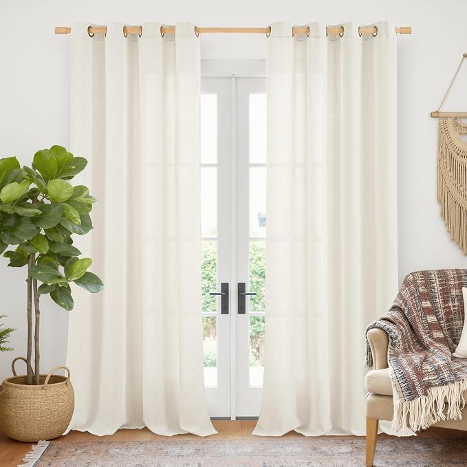 YoungsTex Ivory Linen Curtains 98 Inch Length for Living Room 2 Panels | Semi Sheer Drapes with Bronze Grommet Privacy for Bedroom Dining Light Filtering Floor Lengt, 52 X 98 Inch