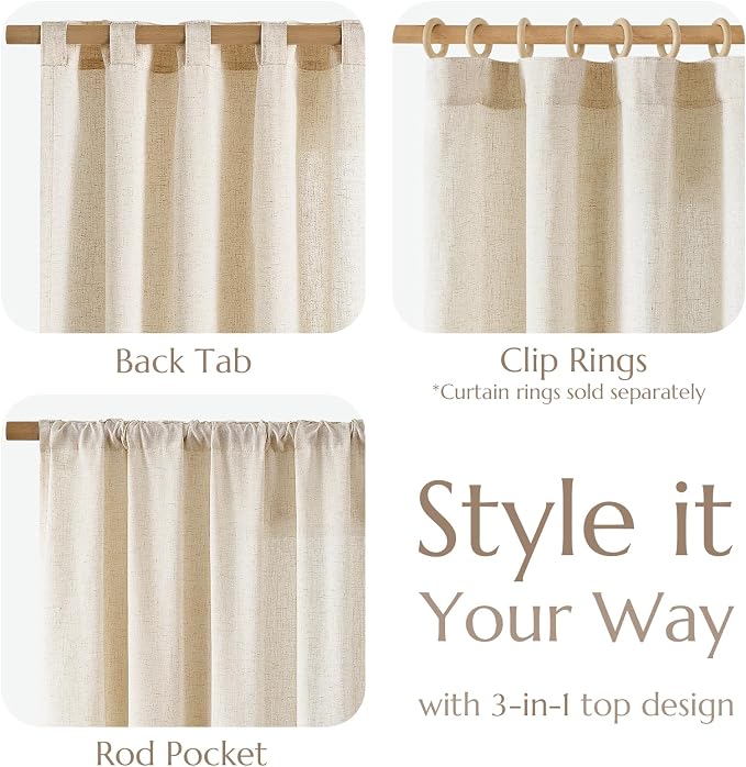 jinchan Linen Curtains Light Filtering Back Tab 100x90 Inch 1 Panel Beige | Semi Sheer Curtains 90 inch length for Bedroom Living Room, Modern Farmhouse Drapes with Rod Pocket, Natural Boho Curtains
