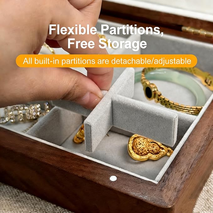 Bescott 1 Layer Solid Black Walnut Wooden Jewelry Box for Women Wood Vintage Organizer for Men Earrings Rings Necklaces Bracelet Watch Storage