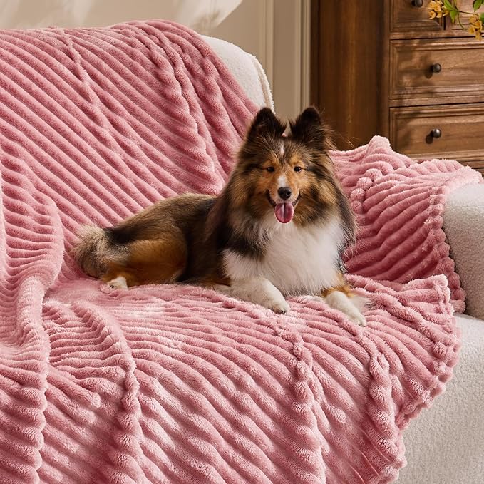 BEDELITE 3D Ribbed Jacquard Pink Blankets Queen Size for Bed, 90x90 Inch | Soft Warm Decorative Fluffy Blanket, Cozy Fuzzy Lightweight Plush Fleece Throw Blankets for Bed, Room Decor, Gift for Women