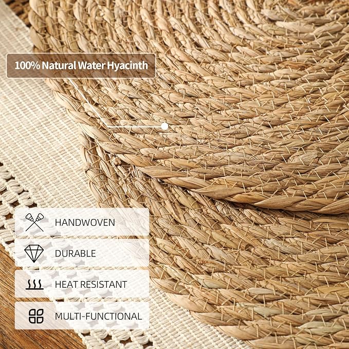 13.8'' Round Woven Placemats Set of 12, Boho Wicker Chargers, Terrekraft | Handmade from Natural Water Hyacinth, Heat-resistant & Non-slip Rattan Chargers, Rustic Farmhouse Decor, Party & Daily Dining
