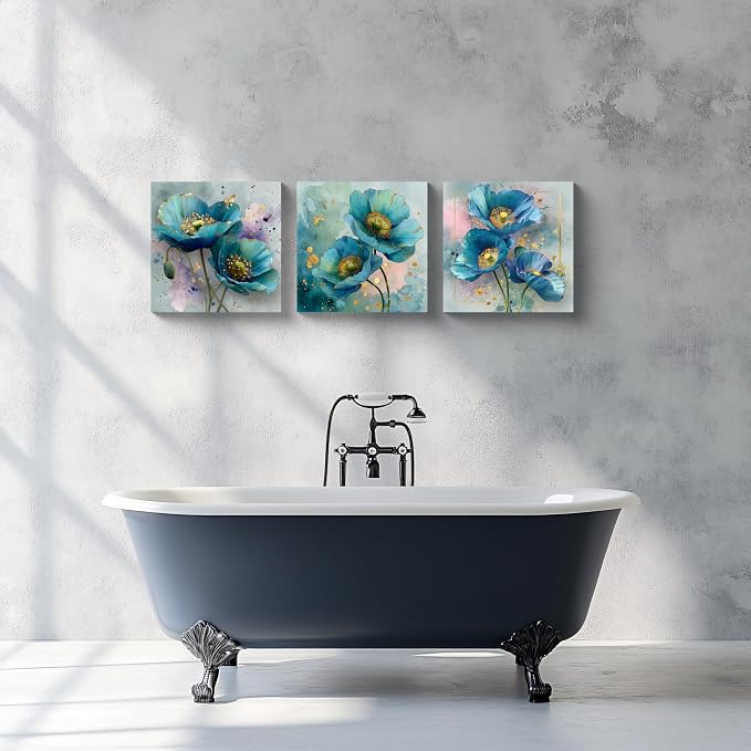 NAN Wind 3Pcs Blue Teal Poppy Flower Wall Art Canvas Print with Gold Accents Modern Botanical Floral Contemporary Watercolor Style Elegant Flower Artwork for Living Room Bedroom Home Office Wall Decor