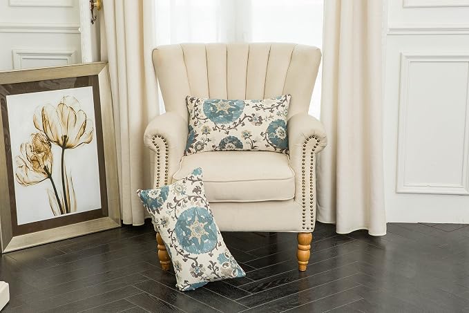 Mika Home Pack of 2 Jacquard Circle Floral Oblong Throw Pillow Covers Cream Blue