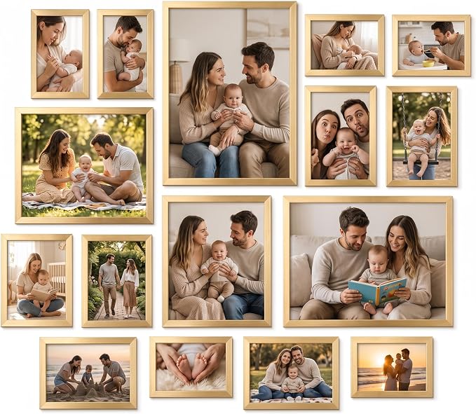 Giftgarden 16 Pack Gold Picture Frames for Multi Sizes Photos, Including Two 11x14, Two 8x10, Six 5x7, Six 4x6, Assorted Gallery Collage Frame Set for Wall or Tabletop Display, Fathers Day