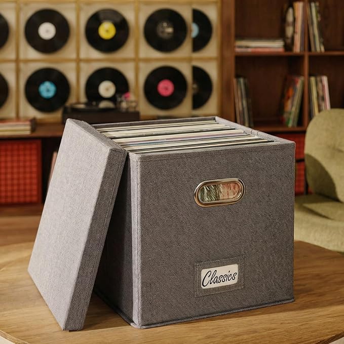 Decorative Vinyl Record Storage Box for 50+ Single Records - LP Holder