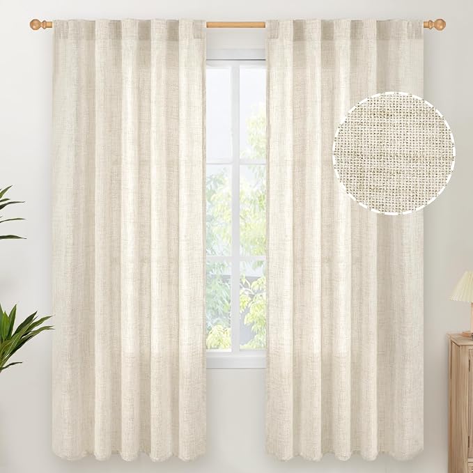 Linen Semi Sheer Curtains 42X72 Inch Length 2 Panels for Living Room | Light Filtering Drapes with Back Tab Rod Pocket for Bedroom Office Dining Window Privacy
