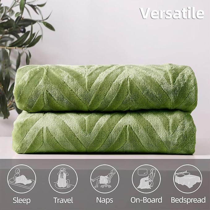 Whale Flotilla Flannel Fleece Bed Blanket Twin Size, Olive Green | Lightweight Breathable Soft Bedspread, Plush Fluffy Coverlet Chevron Design Decorative Blanket for All Season, 60x80 Inch