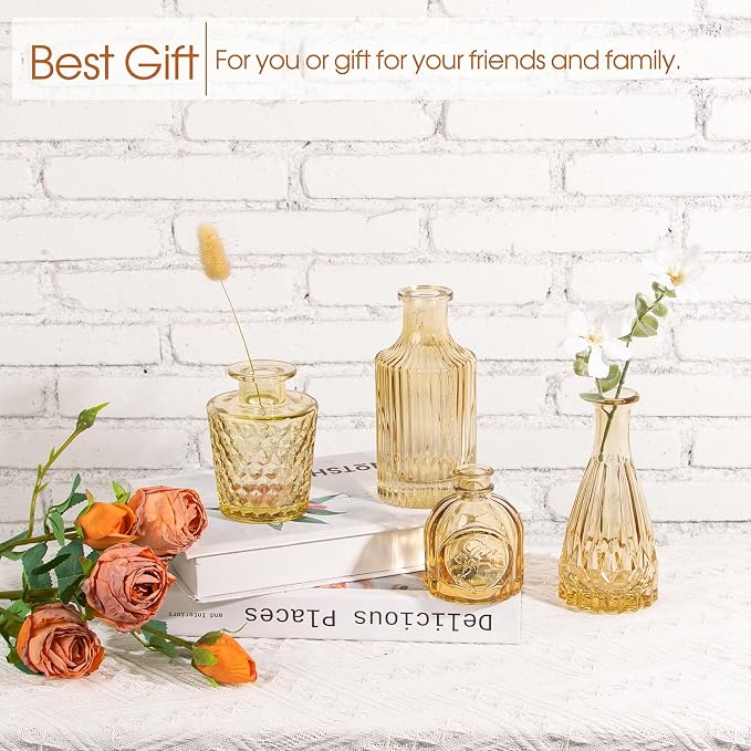 TBWIND Gold Amber Glass Bud Vases Set of 12, Small Vases for Flowers | Mini Vintage Vases, For Centerpieces, Bud Vase in Bulk, For Wedding Decor, Single Flowers, Office and Home Table Flower Décor