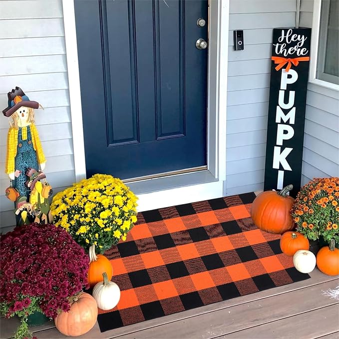 Buffalo Plaid Area Rug 27.5x43 in, Orange Black Indoor Outdoor Rug | Cotton Blend, Orange and Black Checkered, Machine Washable, Front Porch Entryway, Kitchen Bathroom