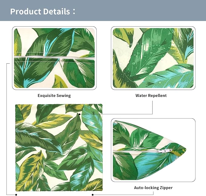 Outdoor Pillow Covers 16x16 Inch Set of 2 Waterproof Decorative Throw Pillow Covers Patio Pillow Cases for Patio Furniture Garden Couch Farmhouse,Lush Leaf Jungle