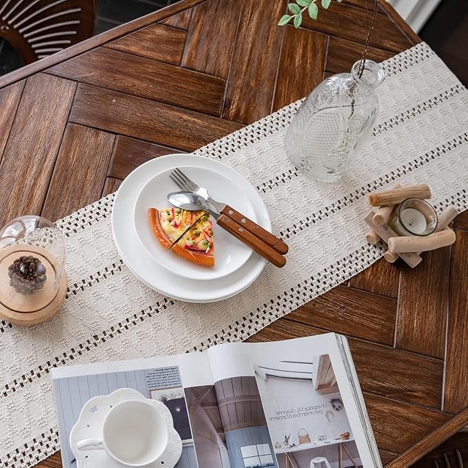 Macrame Table Runner Cream Beige Boho Table Runners with Tassels 12x95in | Alynsehom Hand Woven Cotton Table Runner Rustic Farmhouse Table Runners for Bohemian Kitchen Dining Table