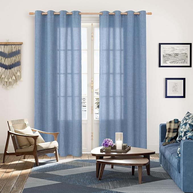 YoungsTex Light Blue Linen Curtains 84 Inch Length 2 Panels with Grommet | Light Filtering Drapes Semi Sheer Privacy for Bedroom Living Room Window, 52 x 84 Inch