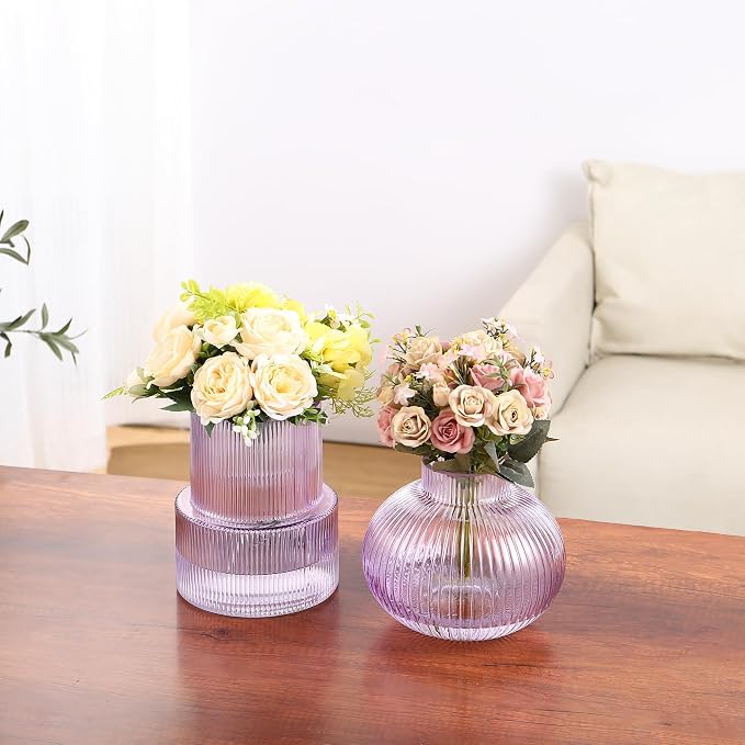 Ribbed Glass Vases, Set of 2 Fluted Vases for Flowers, Purple Glass Vase for Tulips, Modern Vase for Living Room, Kitchen, Office, Entryway, Mantle, Bookshelf, Wedding Gifts, Birthday