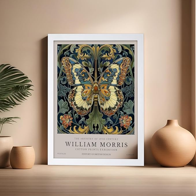 Monem Art William Morris - Butterfly and Flowers Print - Botanical Artwork - Exhibition Art - Floral Design - Textile Illustration - Animal Art - Aesthetic Bedroom or Office Decor - 16x20 White Framed
