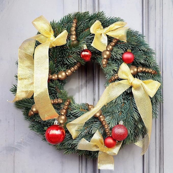 12 Feet Summer Christmas Wooden Beads Garland Round Craft Farmhouse Vintage Christmas in July Wood Bead Garlands for Xmas Supplies(Gold)