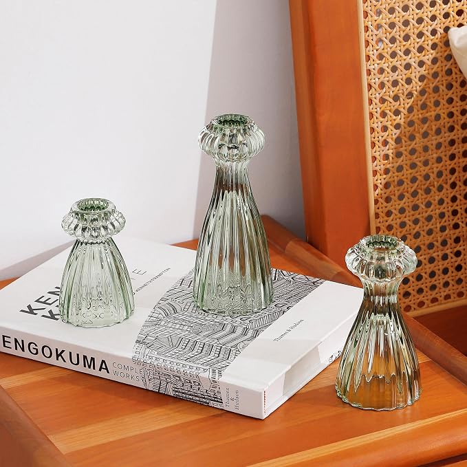 Lysenn Glass Candlestick Holders, Taper Candle Holders Set of 6, Green