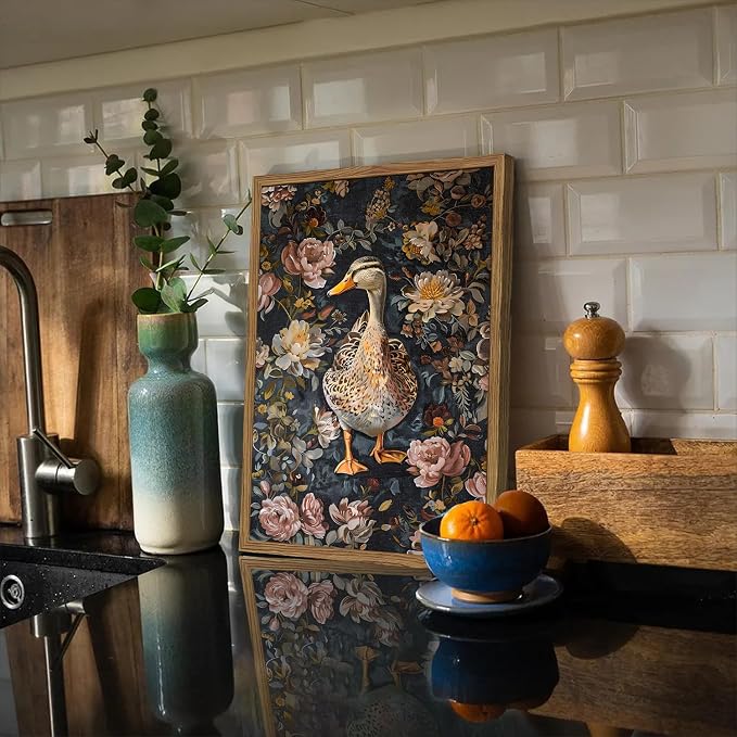 Vintage Mallard Duck Wall Art, Duck Wall Decor Painting Moody Floral Animal Poster Canvas Print Picture for Living Room Bedroom 12x16 inch Wood Framed