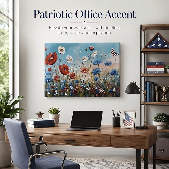 Patriotic Red White Blue Wildflower Wall Art, 4th of July Floral Canvas Prints, Framed Independence Day Wall Decor, American Flag Butterfly Artwork for Bedroom Office, Made in USA