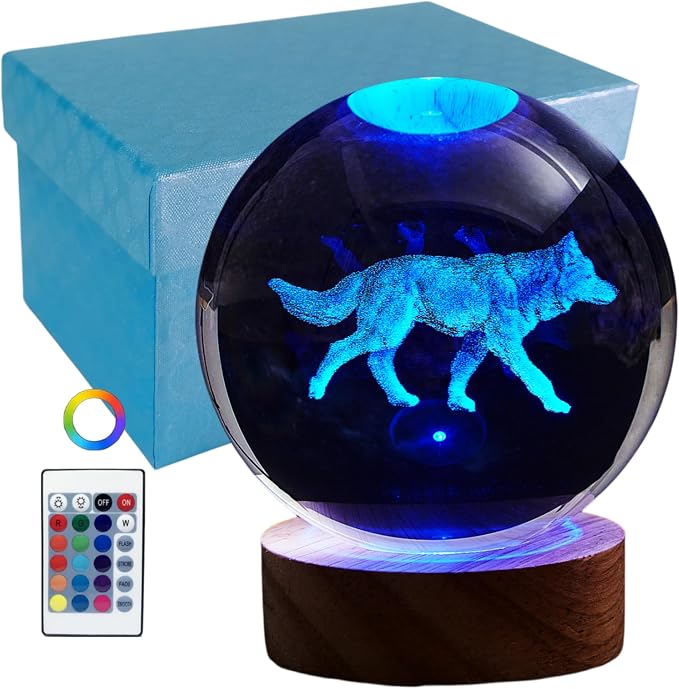 3D Crystal Ball Lamp, Upgraded 3.15 Inch Wolf Crystal Ball Night Light with 16 Colors LED, Wooden Base, Remote Control, Gift Box Packaging, Home Decor Gift