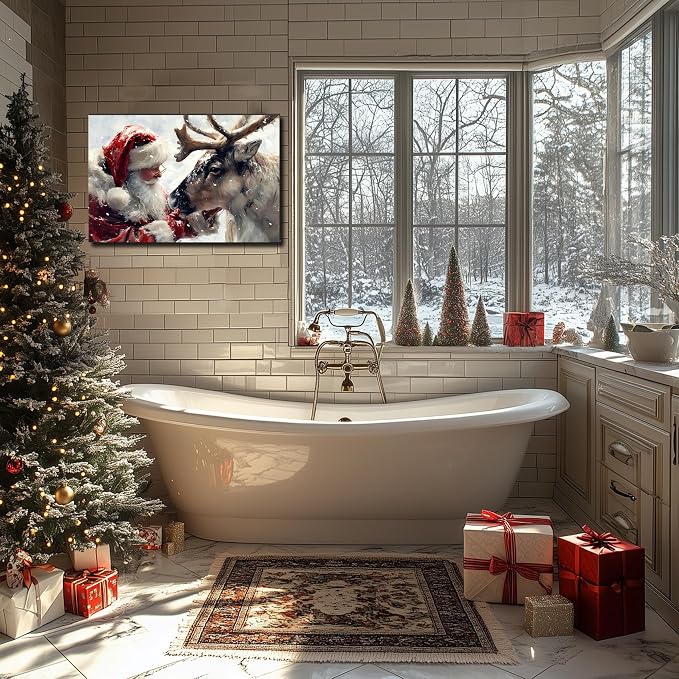 Santa's Reindeer Framed Christmas Canvas Wall Art for Living Room, Winter Pictures Wall Decor Painting Prints for Bedroom, Santa Christmas Art, 20x30 Poster Artwork for Wall Decorations