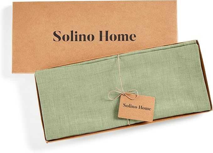 Solino Home 100% Pure Linen Table Runner Olive Woven, Athena 14 x 60 in | dresses up dining tables for everyday meals, European flax fibres, machine washable, Chambray Olive, soft, OEKO-TEX Certified