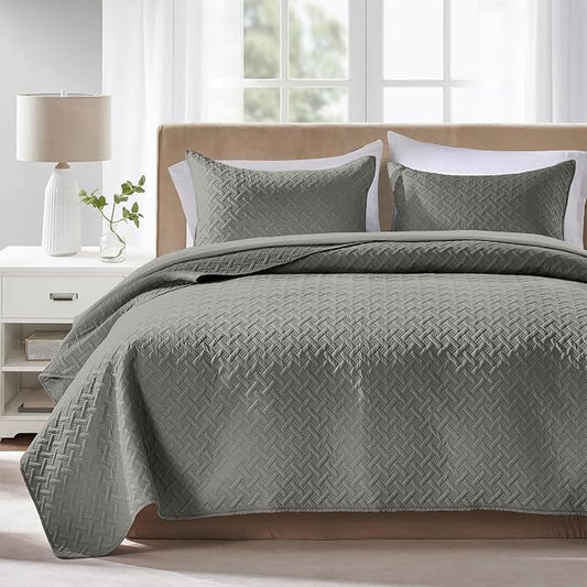 FLYMME Dark Grey King Quilt Bedspreads, 3 Pieces Lightweight Bedding Sets with Pillow Shams, Microfiber Quilted Comforter Coverlet for All Season (1 Quilt, 2 Shams)