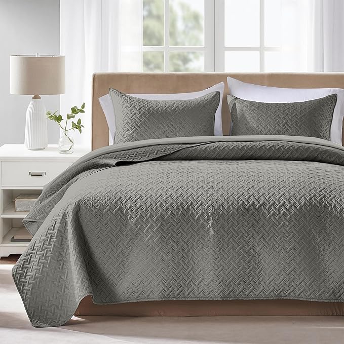 FLYMME Dark Grey Twin Quilt Bedding Set Thin Lightweight Bedspreads,Modern Style Geometric Weave Stripe Pattern,Soft Microfiber Bed Coverlet for All Season (1 Quilt, 1 Sham)