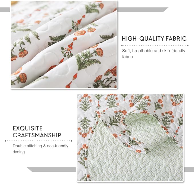 Travan 3-Piece Quilt Set Quilted Bedspread Lightweight Coverlet Set Garden Style Floral Printed Oversized Quilted Bedding Set for All Season, Orange Mirror, King Size