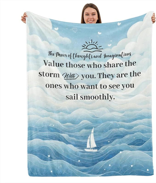 Soft Fleece Blanket with Inspirational Quote, Blue Cloud Wave Design Cozy Warm Throw for Sofa Bed, Thoughtful Valentines Day Birthday Gifts for Loved Ones Women Friends 55"x70"